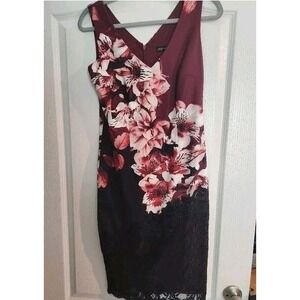 Jax Black Label V-Neck‎ Sleeveless Sheath Dress Lace Floral Burgundy Black Sz 4